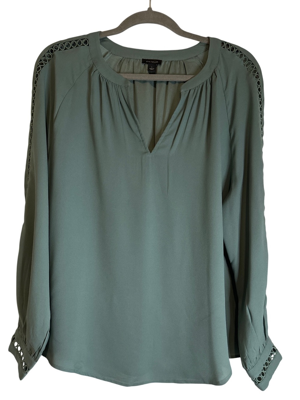 Ann Taylor Sage Green Split-Neck Blouse with Openwork Trim, NWOT Sz L